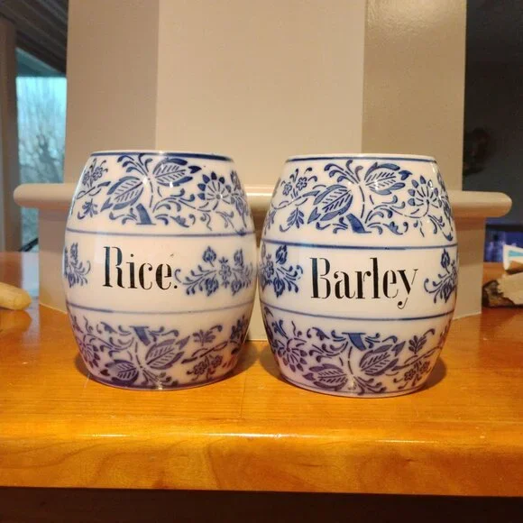 Vintage Germany Porcelain Blue Onion Rice & Barley Canisters No Lids Set of 2 - Picture 2 of 9